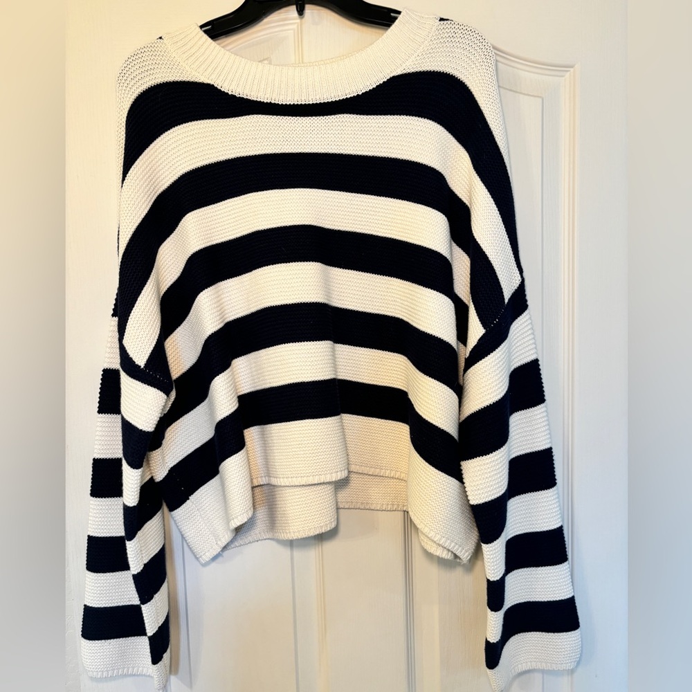 navy and white drop shoulder sweater